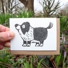 Hand printed linocut card featuring a border collie dog - small card