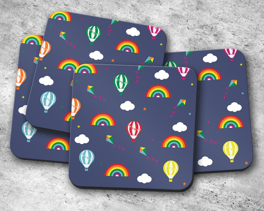 Set of 4 Blue Coasters with Multicoloured Hot Air Balloon and Rainbow Design