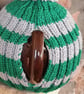 Large Tea Cosy, Brown Betty Compatible, Hand Knitted, Green & Silver Stripes - Image 3