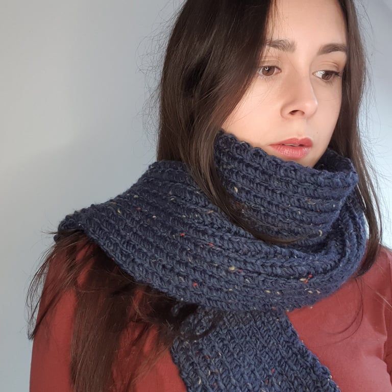 Unisex Dark Blue Neutral Speckled Chunky Acrylic Knit Extra Soft Minimalist Scar