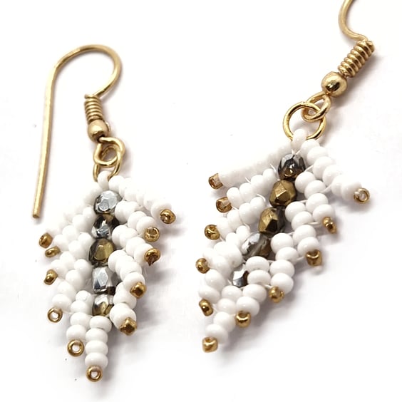 White and gold angel feather dangle beaded earrings