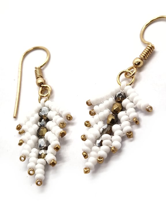 White and gold angel feather dangle beaded earrings