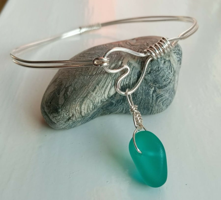 Recycled Silver Handmade Wire Heart Bangle with Teal Seaglass Charm One Size
