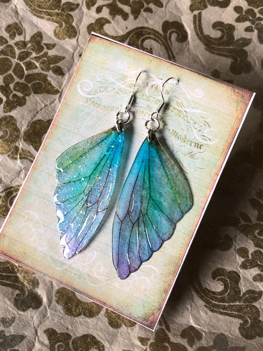 Blue lavender green and lemon fairy wing sterling silver earrings