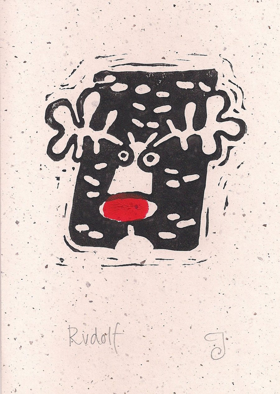 Rudolf - lino cut print Christmas card