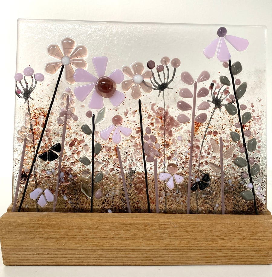 Fused glass meadow flowers art panel in oak base