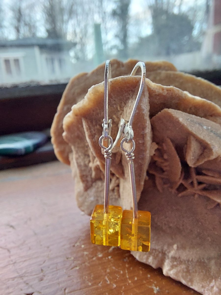 Baltic Amber Lemon Cube and Sterling Silver Earrings