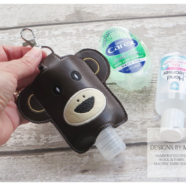 Monkey Hand Sanitiser Holder, Embroidered Case with Lobster Clasp for Hand Gel