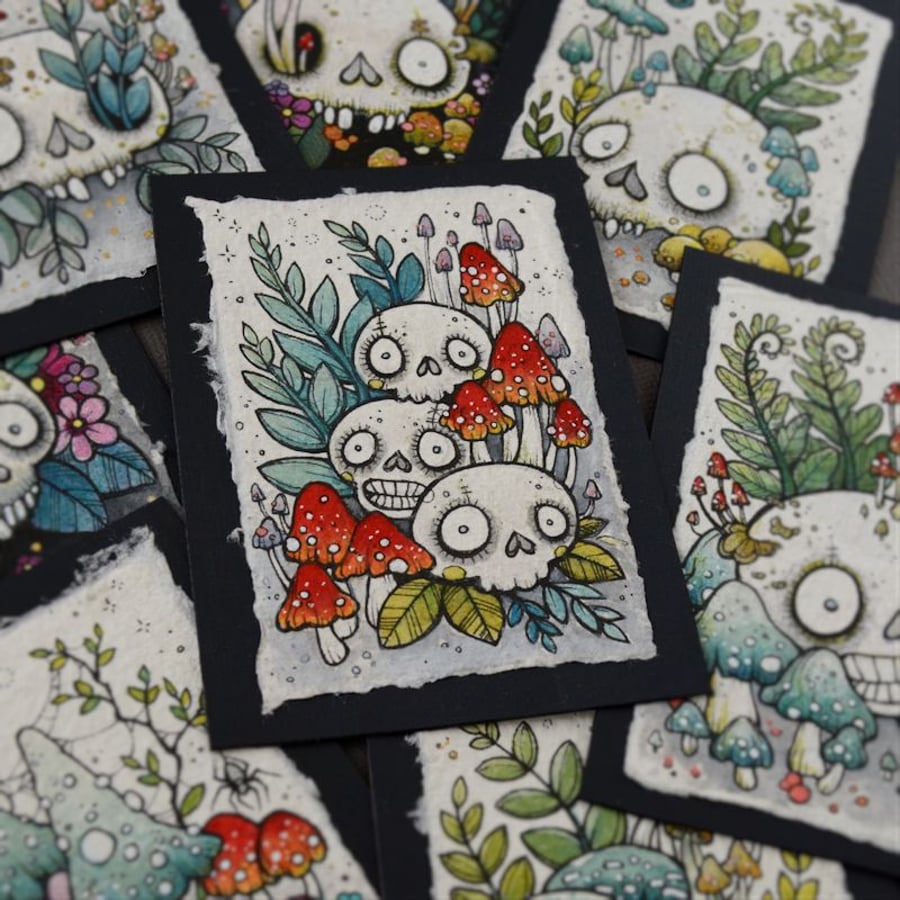 fungi skull stack - original aceo illustration