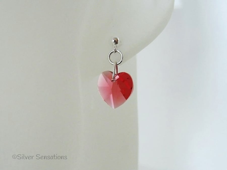 Pink Orange Swarovski Heart Crystals & Sterling Silver Elegant Stud Earrings