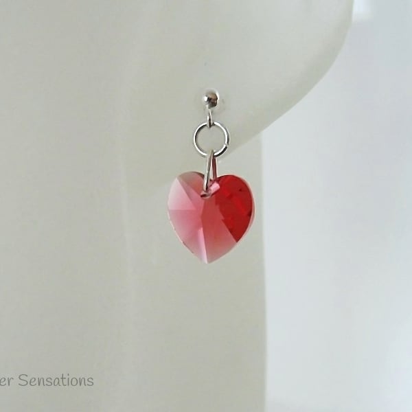 Pink Orange Swarovski Heart Crystals & Sterling Silver Elegant Stud Earrings