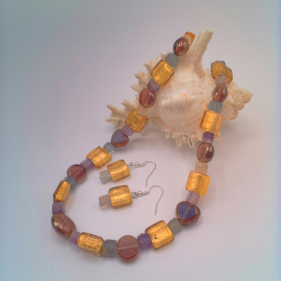 Necklace and Earrings with Heart Cube Round & Diamond Shape Beads, Gift for Her