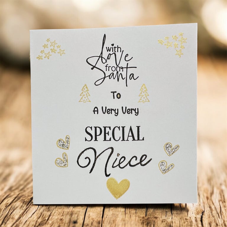 Special niece Christmas card, golden shimmer and shine, hearts and xmas trees