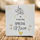 Special niece Christmas card, golden shimmer and shine, hearts and xmas trees