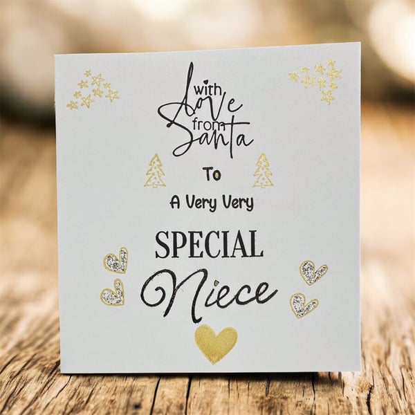 Special niece Christmas card, golden shimmer and shine, hearts and xmas trees
