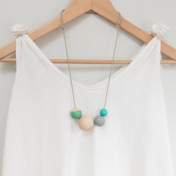 Penny - Turquoise, blue-green, light grey, wooden bead handmade necklace 