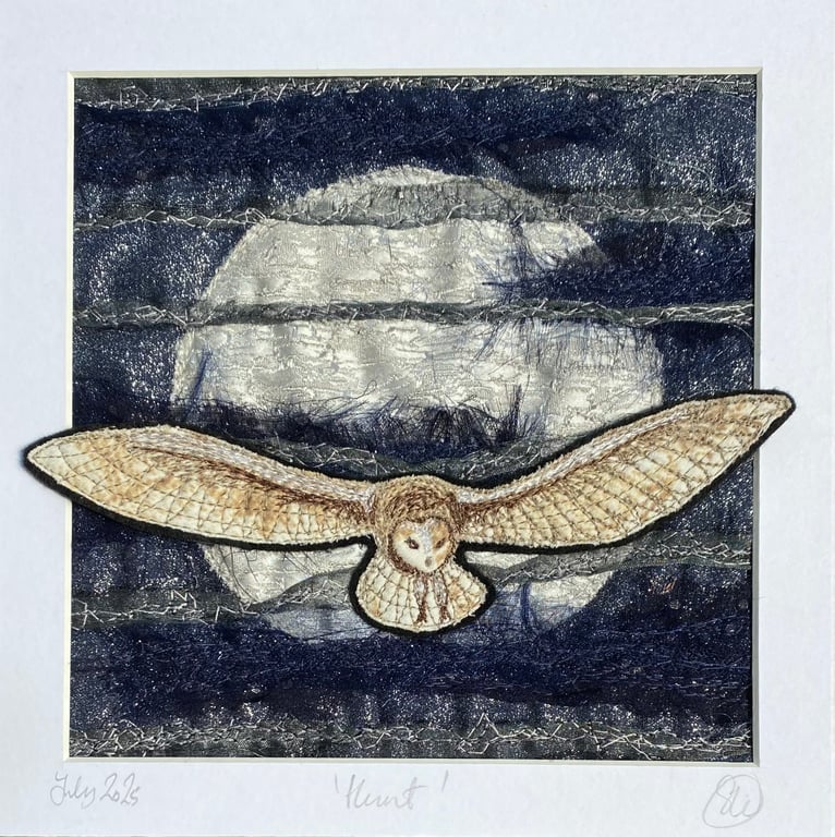 Mounted embroidered barn owl hunting in moon light artwork, wall art. 