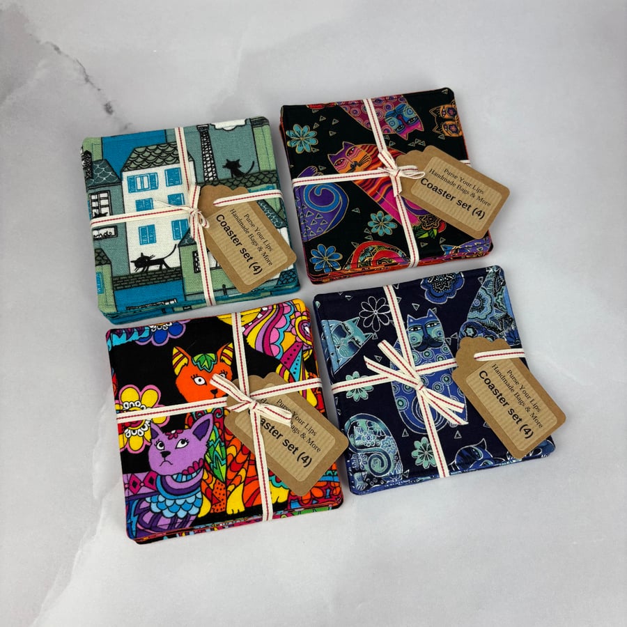 Cats coasters, Set of 4 cat fabric coasters, Handmade
