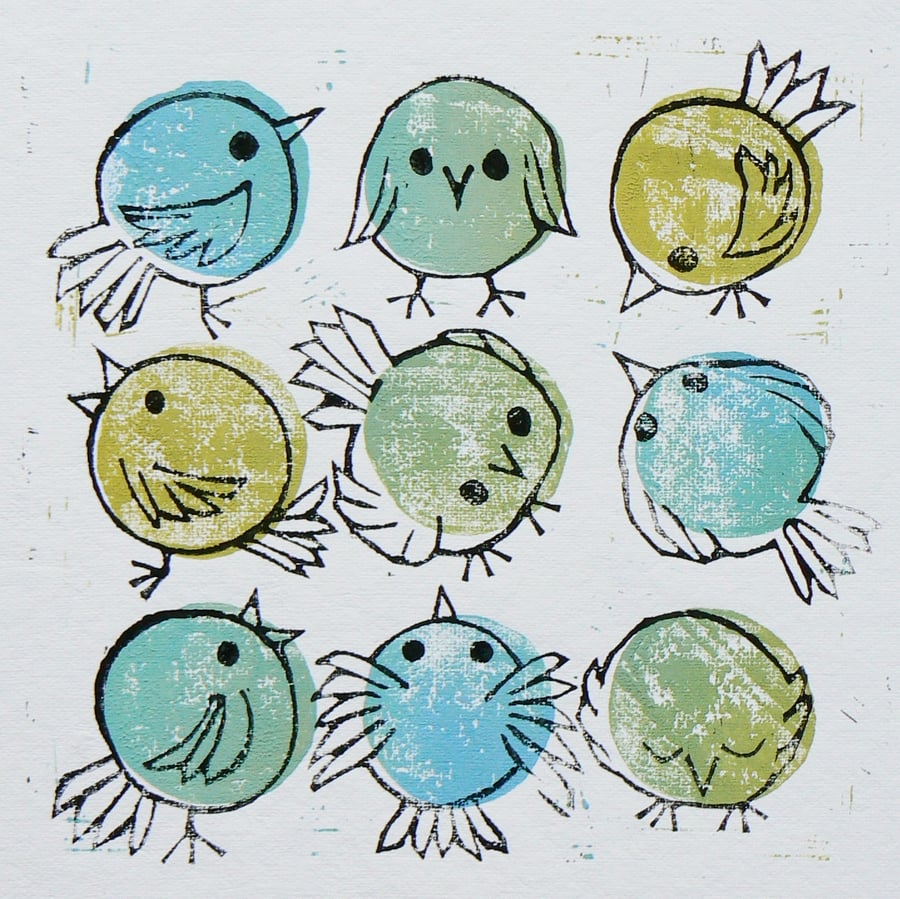 Doodlebirds linocut print