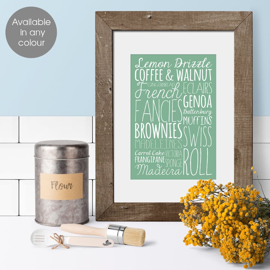 Cake bespoke kitchen print, wall art, gift for baker or cook