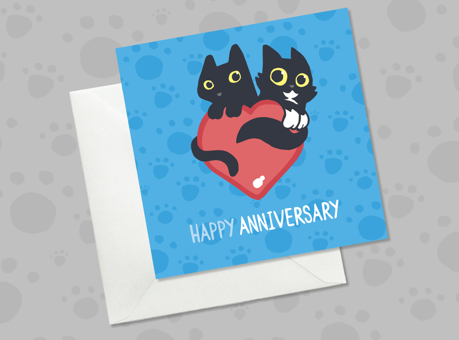Cute Black Cat Anniversary Card with Love Heart, Blue Cat Lover Greeting Card