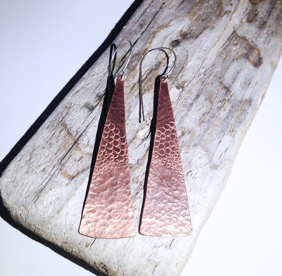 Long Textured Copper Earrings - UK Free Post