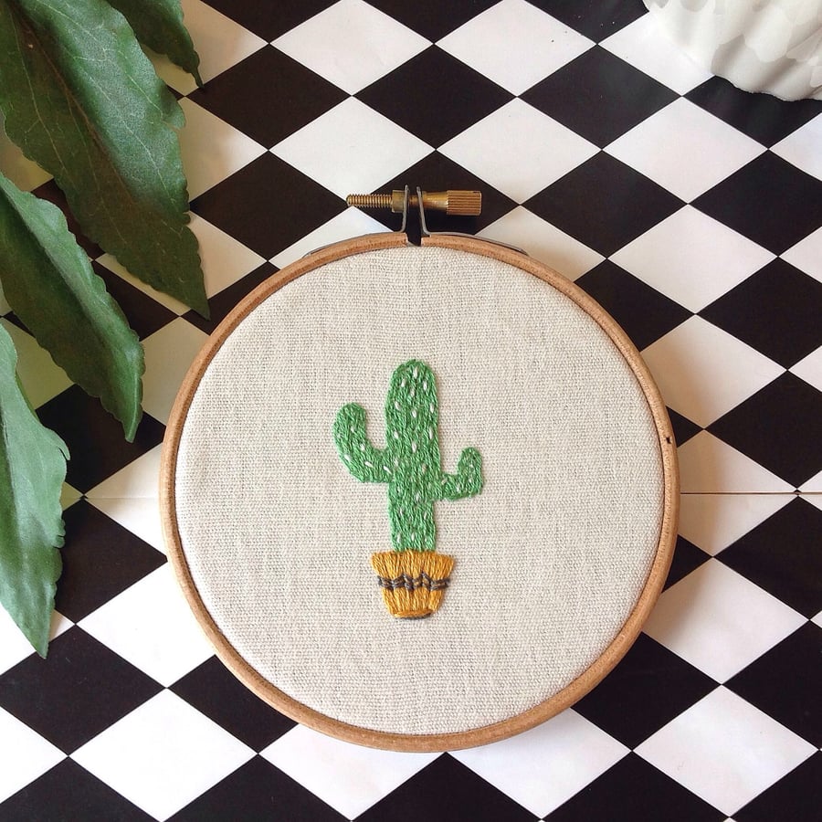 Cactus Hand Stitched Wall Art Hoop