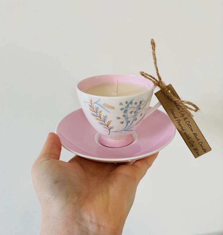 Meadow Lily and Cotton Tea Cup Candle with Saucer
