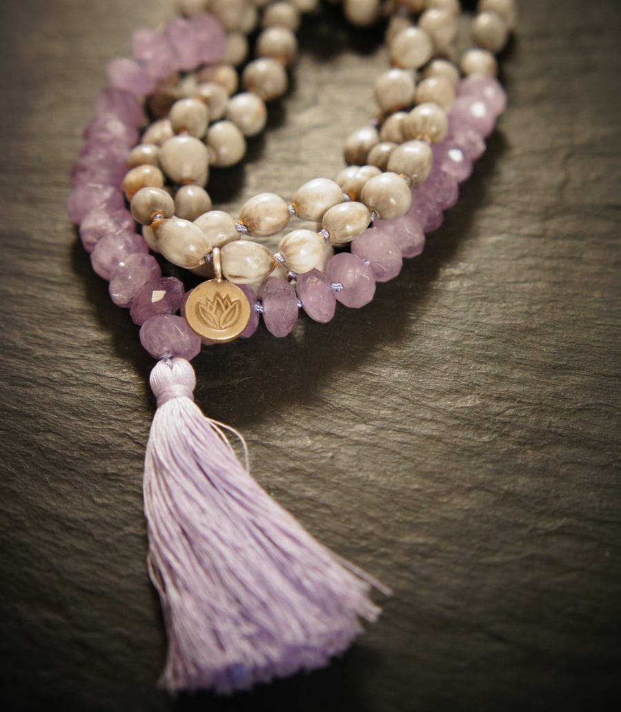 108Third Eye Chakra Mala, Amethyst and Vaijayanti Yoga Necklace
