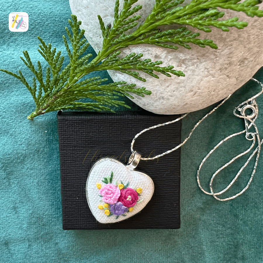 Embroidery necklace, rose floral, silver settings, heart shaped, handmade 