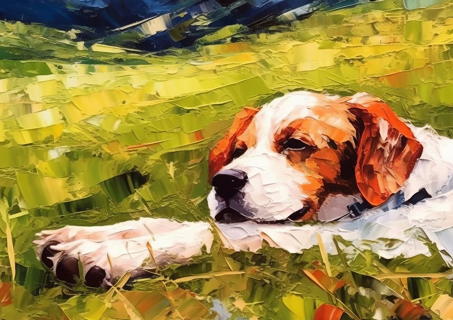Vibrant Beagle Art Print - Lively 5x7 Oil Painting for Dog Lovers Home Decor