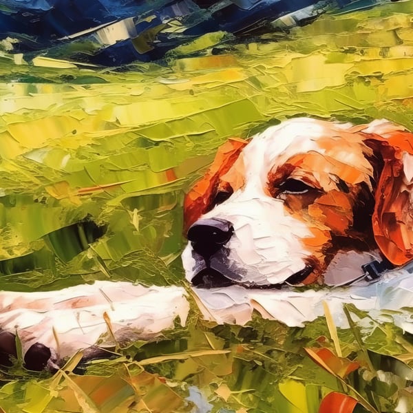 Vibrant Beagle Art Print - Lively 5x7 Oil Painting for Dog Lovers Home Decor