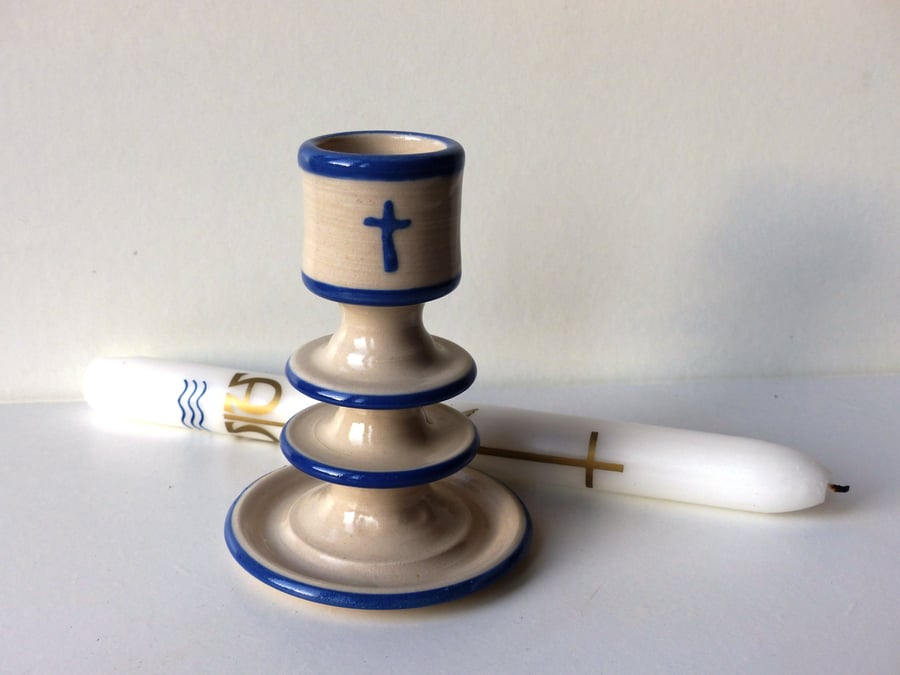  Blue Christening, Baptism or New Baby Candlestick Ceramic Pottery Handthrown UK