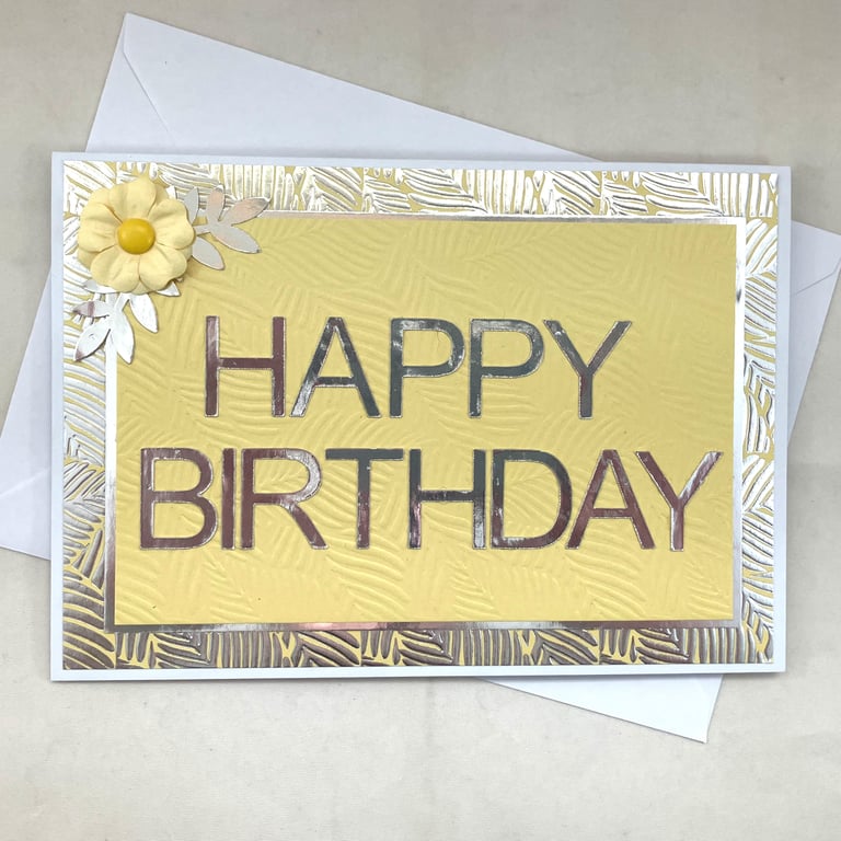 Lemon and silver text Happy Birthday card