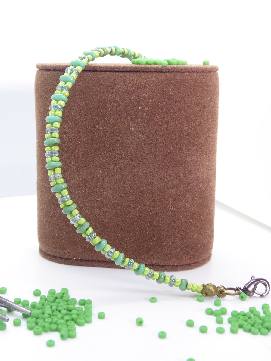 Lime Green Beaded Bracelet with Seed Beads and Super Duos 