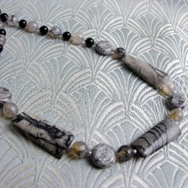 Short Jasper Necklace UK, Black Grey Semi-Precious Stone Necklace CC73