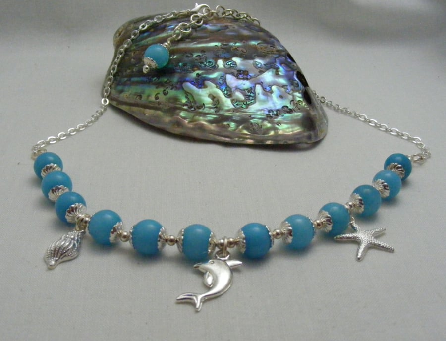 Turquoise Quartzite and Silver Charm Necklace