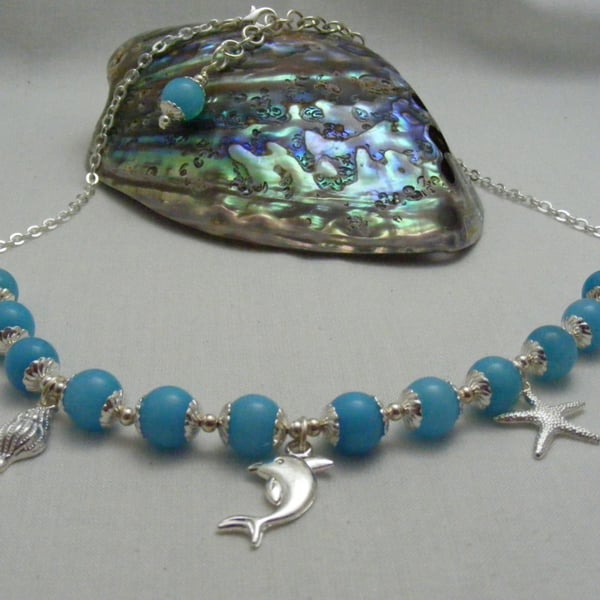 Turquoise Quartzite and Silver Charm Necklace