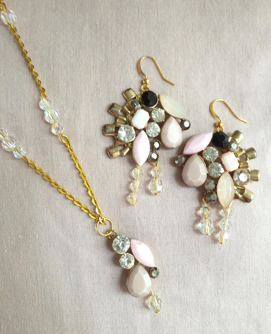 Gold, Pale Pink and Diamante Necklace and Earrings Set.Upcycled Eco Friendly