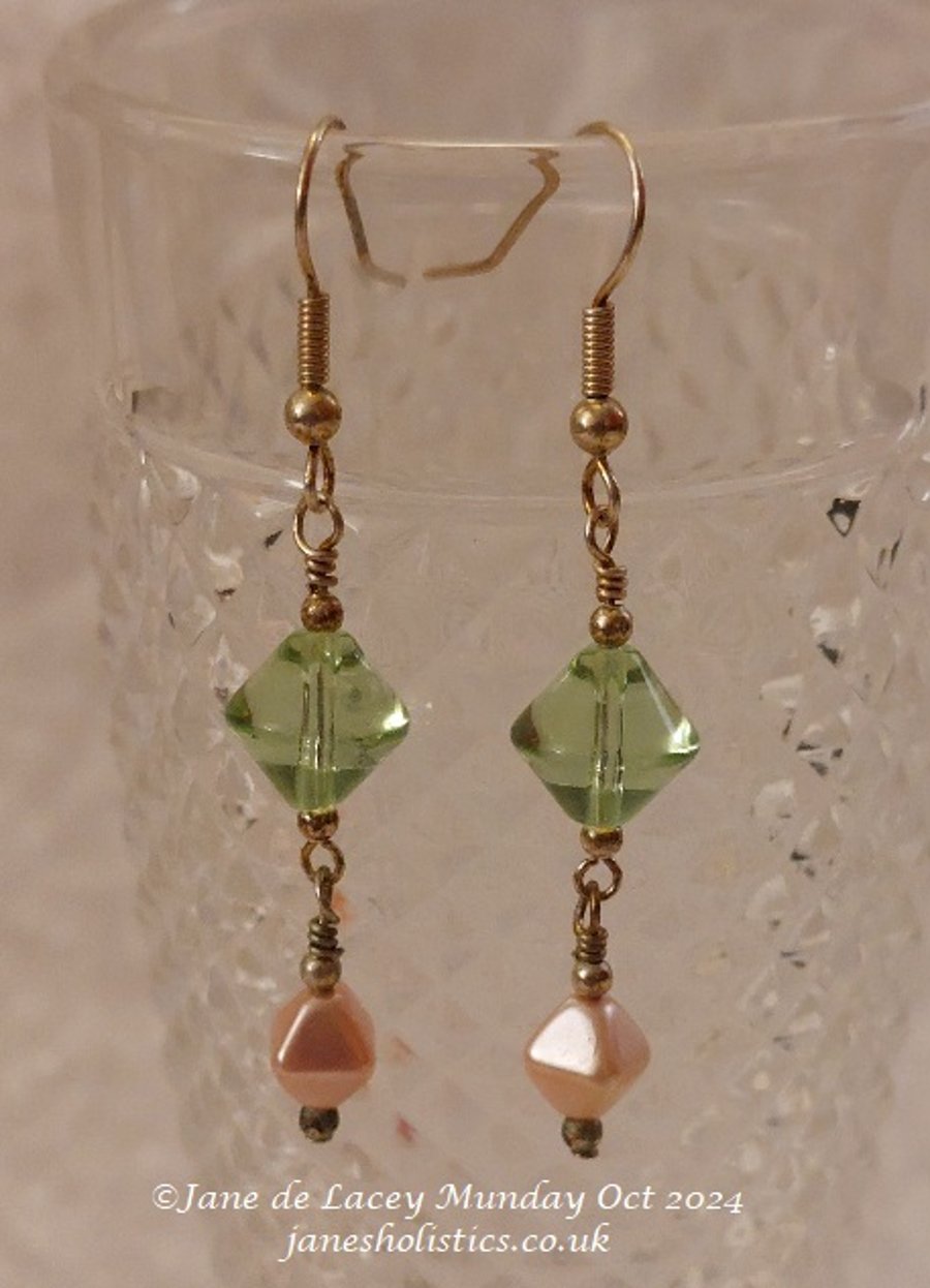 Bicone Green and pink dangly Drop Earrings