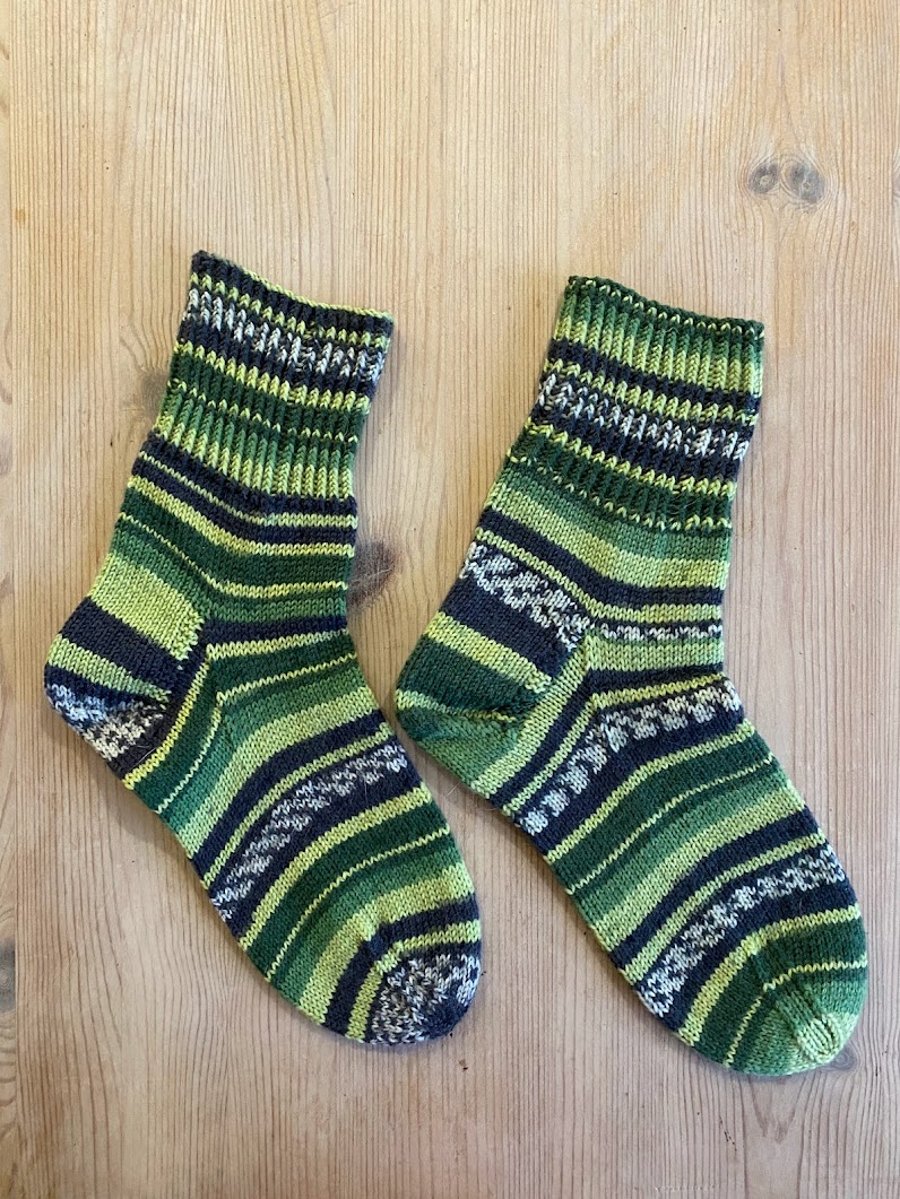Ladies Hand Knitted Socks in Green Variegated Yarn