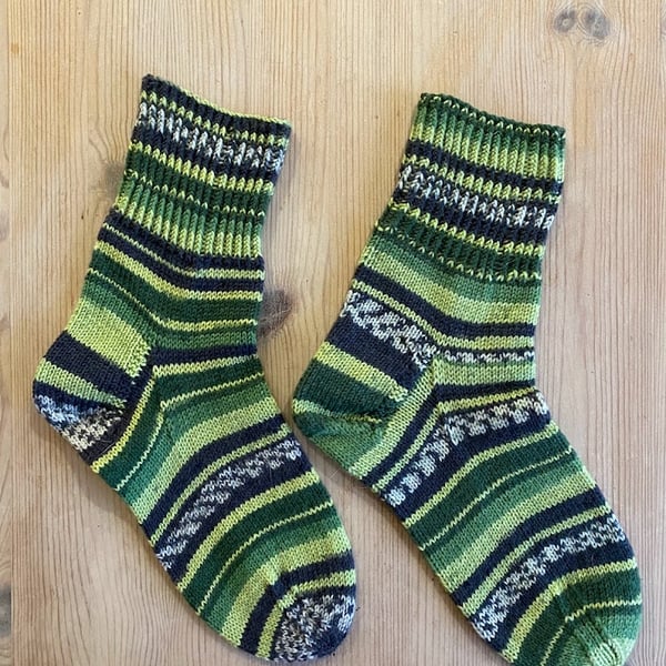 Ladies Hand Knitted Socks in Green Variegated Yarn