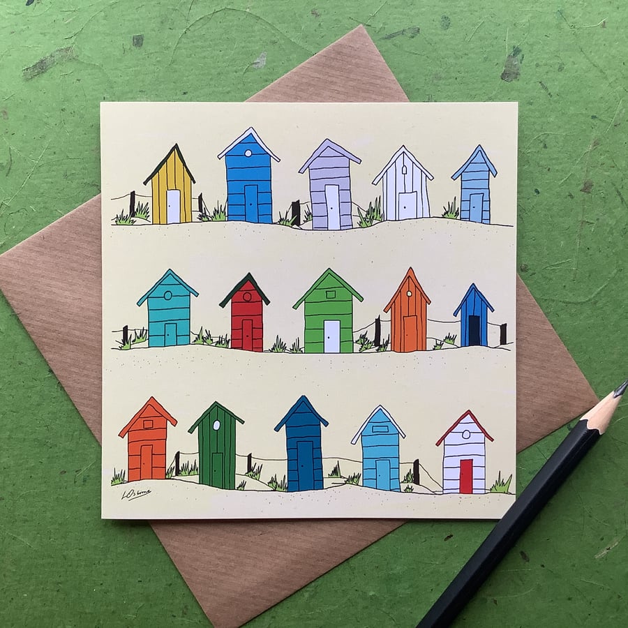 Beach huts. Greeting card. Blank inside. Digital illustration. Sea. Coast
