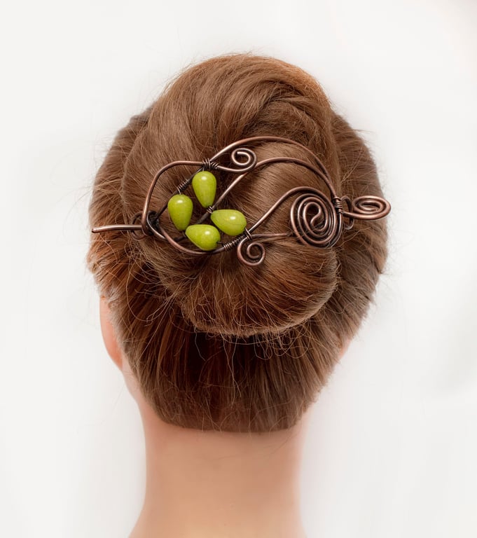 Antique copper Hair bun holder, leaf green quartz antique Hair bun slide, antiqu