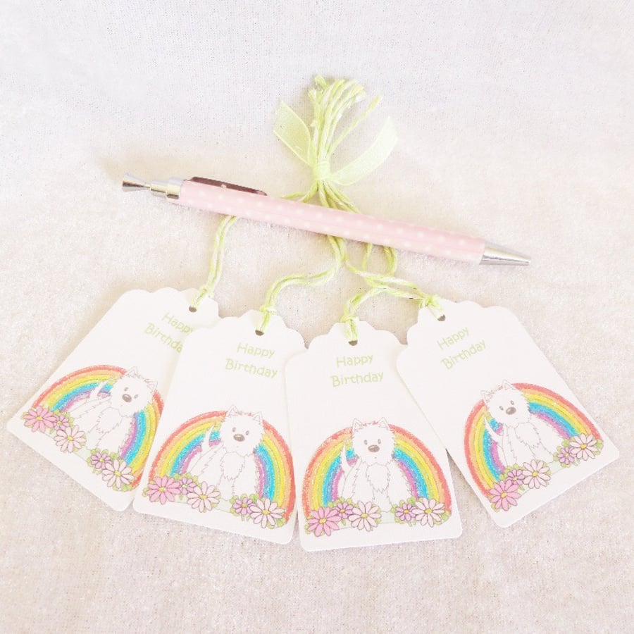 Rainbow Flower Westie Birthday Gift Tags - set of 4 tags