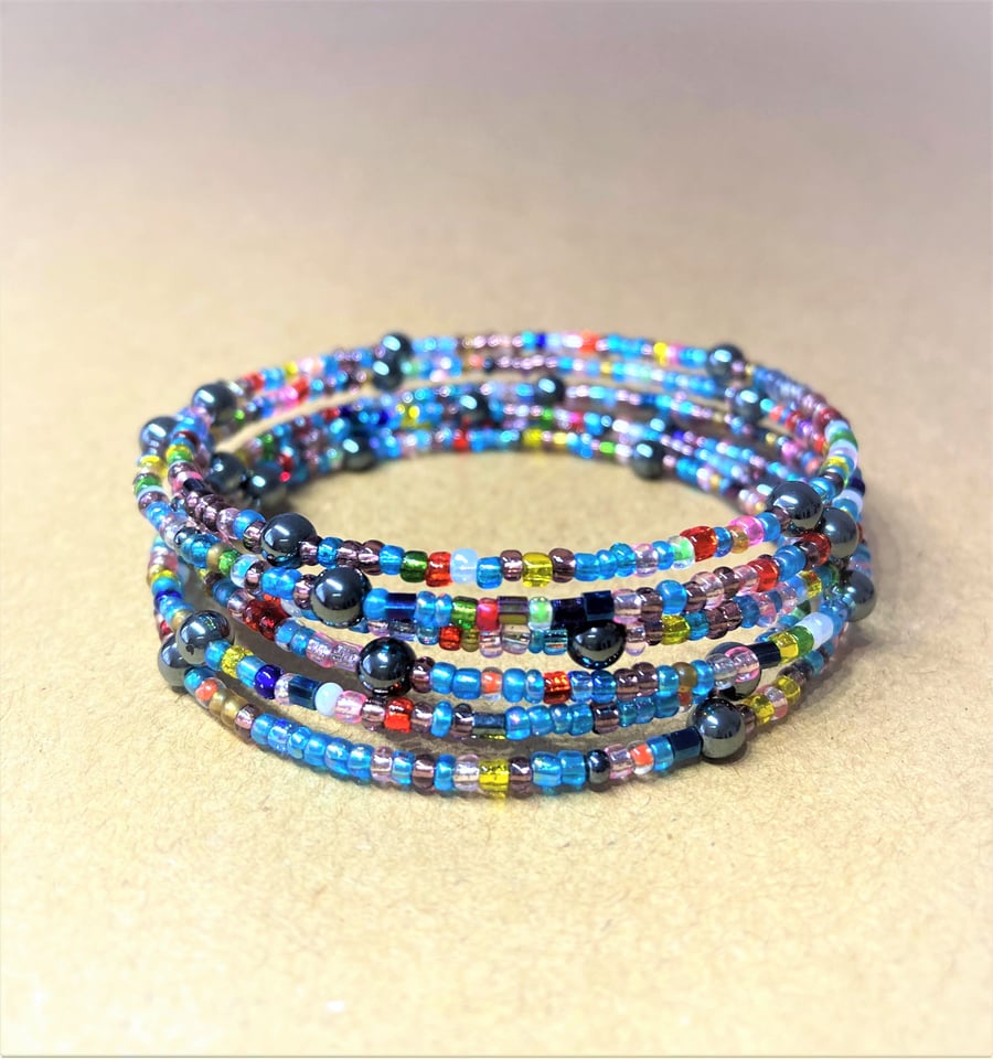 Trendy Multicolor Seed Beads - Hematite Semi Precious Stone Beads - Memory Wire 