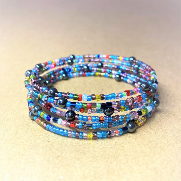 Trendy Multicolor Seed Beads - Hematite Semi Precious Stone Beads - Memory Wire 