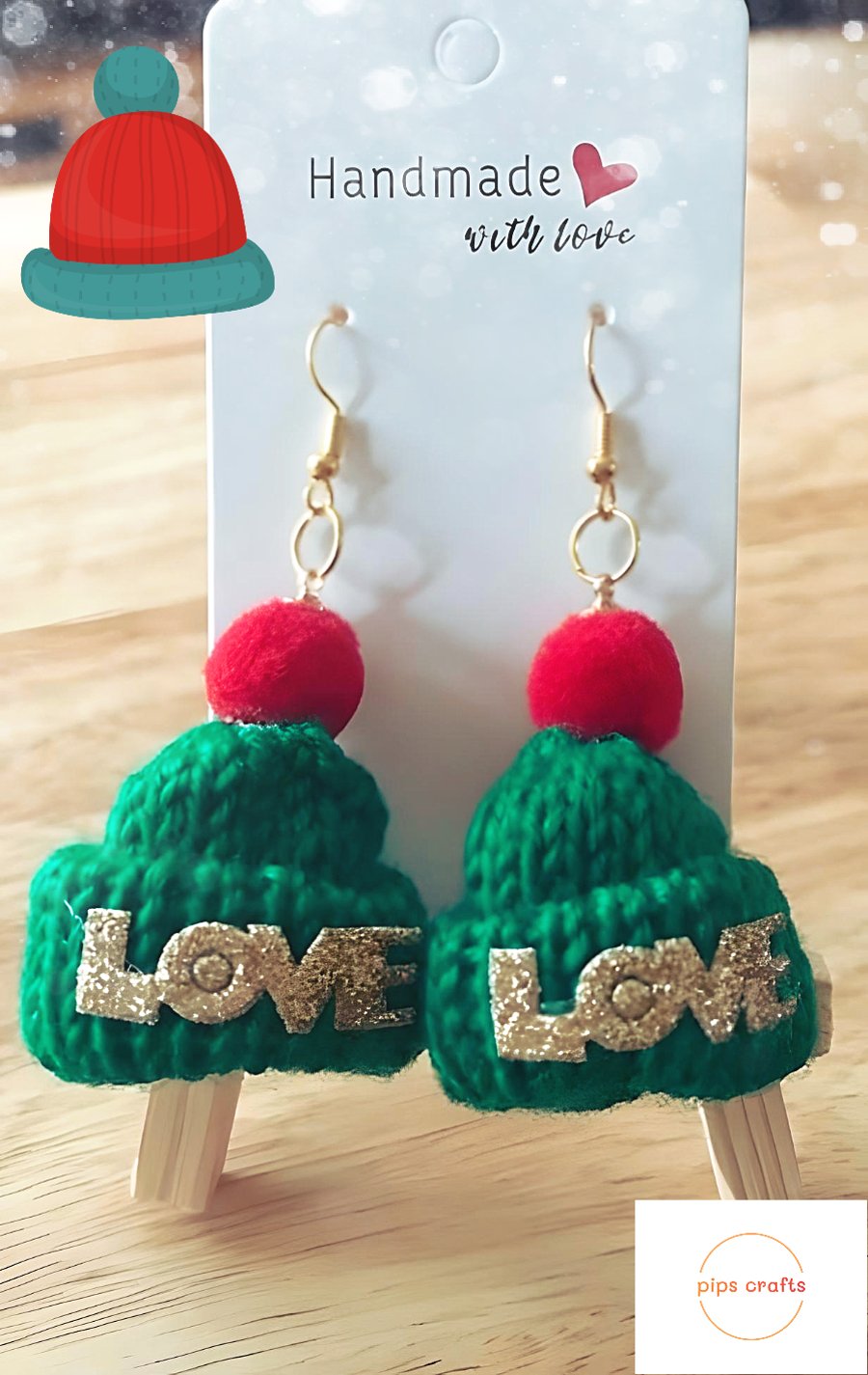 Quirky Green Knitted Bobble Hat Earrings, Christmas Jewellery for Pierced Ears