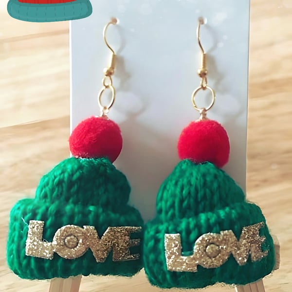 Quirky Green Knitted Bobble Hat Earrings, Christmas Jewellery for Pierced Ears