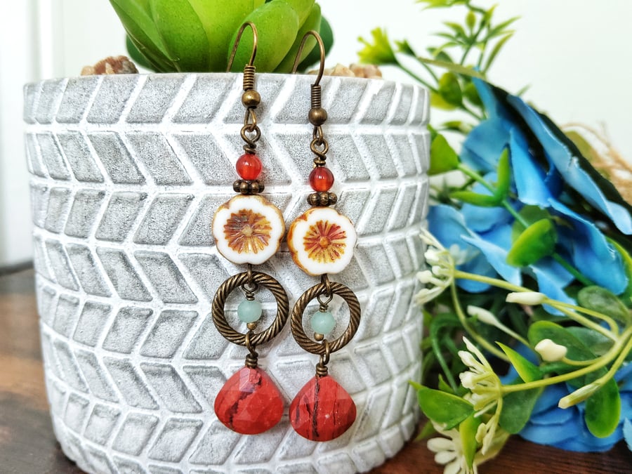 Vintage Style Cream and Red Flower Earrings
